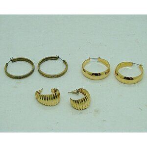 Lot of 3 Hoop and Semi Hoop Gold Tone Pierced Earrings 1" Minimalist